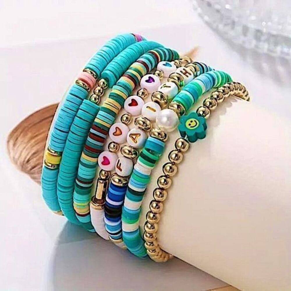 Boho Vacation Vibes 7pc Bracelet Stack Clay Heishi Seed Bead Jewelry